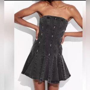 Wild Fable Women's  Pleated Cotton Black Denim/ Back Zip/Beaded Dress